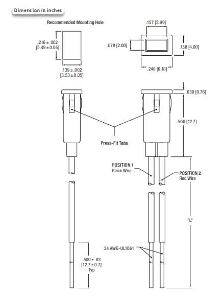 Mechanical Drawing - Dialight 559 Rectangle Series Snap-in LED Indicators